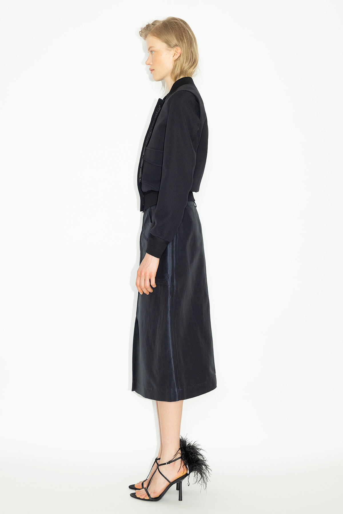 Black-Micro-Bomber-Jacket-&-Night-Blue-Silk-Linen-Cargo-Evening-Skirt_LB-095