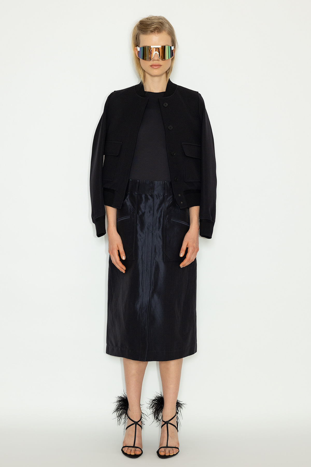 Black-Micro-Bomber-Jacket-&-Night-Blue-Silk-Linen-Cargo-evening-Skirt_LB-081