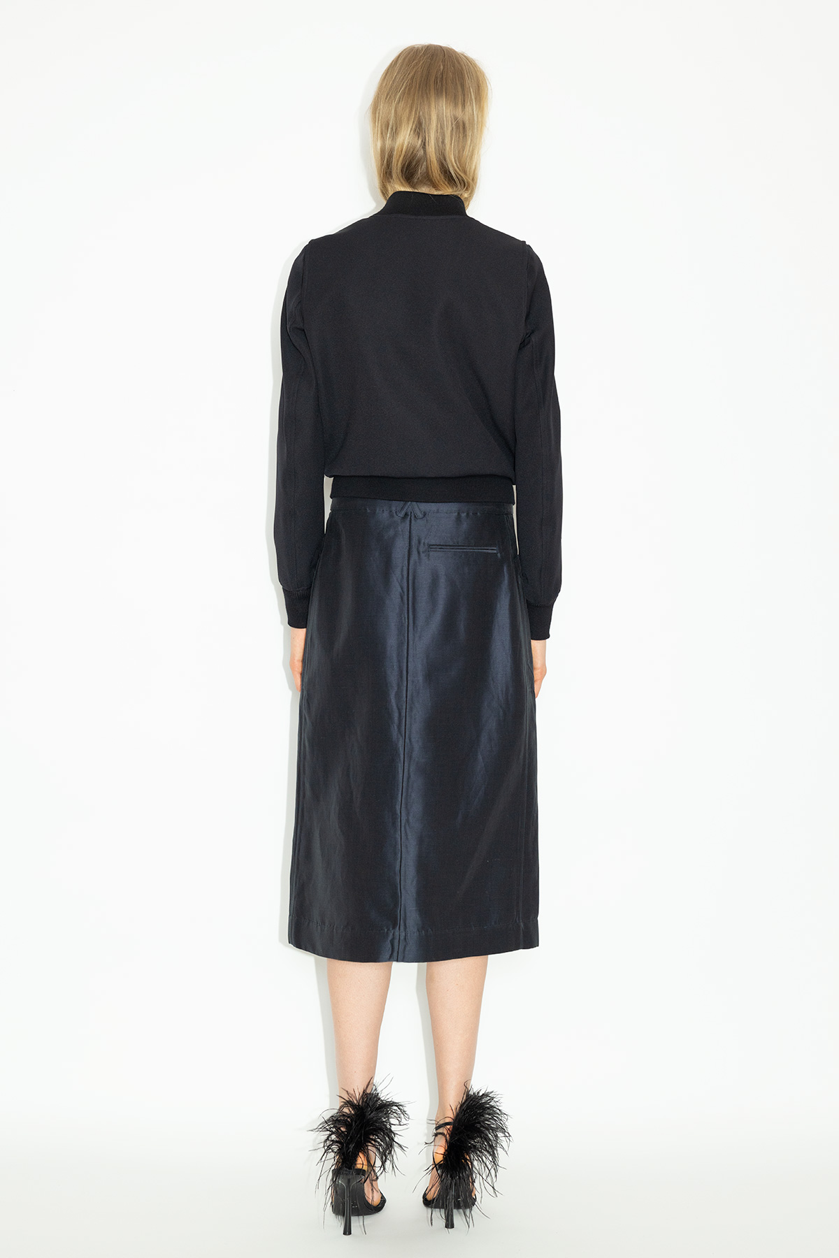 Black-Micro-Bomber-Jacket-&-Night-Blue-Silk-Linene-Cargo-Evening-Skirt_LB-105