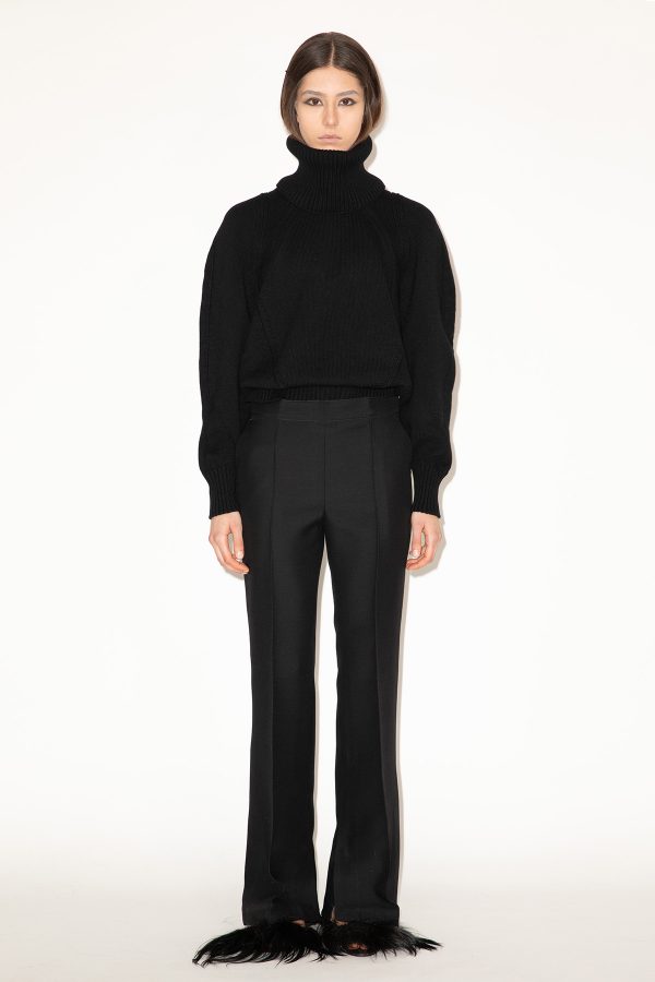 2025_DHeinrich-286-Black-Cashmere-Blend-Bomber-Sweater-&-Black-Wool Silk-Gabardine-Boot-Cut-Pants