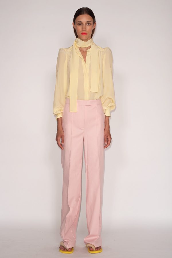 Yellow-Crepe-de-Chine-Rodeo-Blouse-&-Rose-Cotton-Stretch-Wide-Leg-Pants-1527