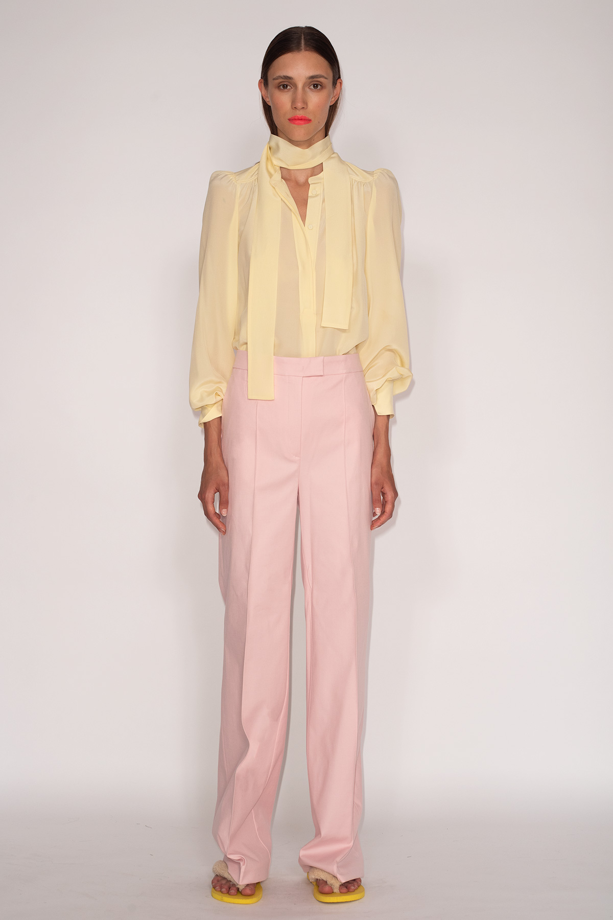 Yellow-Crepe-de-Chine-Rodeo-Blouse-&-Rose-Cotton-Stretch-Wide-Leg-Pants-1527